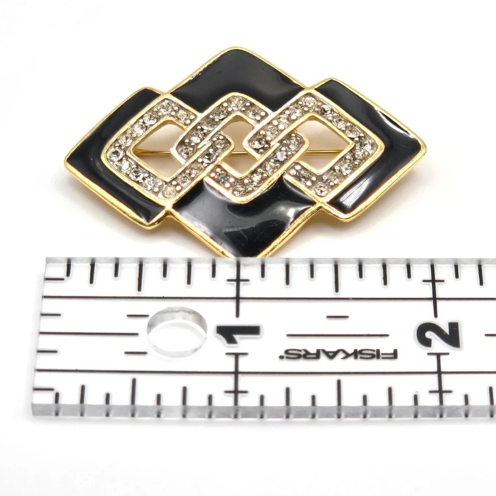 Trifari Vintage Brooch Gold Tone Black Enamel Rhinestone Geometric Pin Art Deco‎